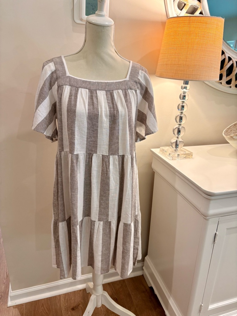 LOFT White and Taupe Striped Square Neck Midi Dress